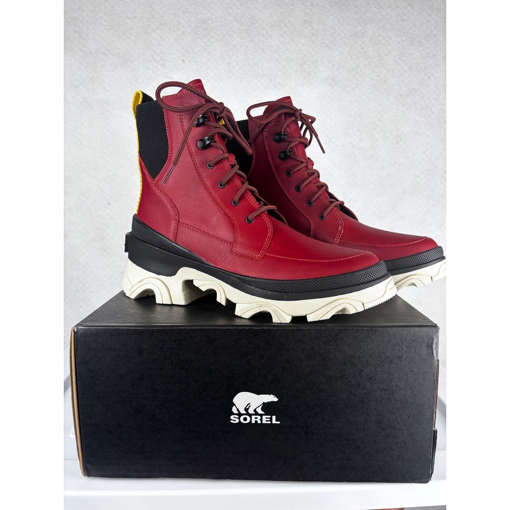 SOREL Brex Boot Lace WP Women's 9 Warp Red Black Waterproof Lug Sole Leather - Picture 2 of 7